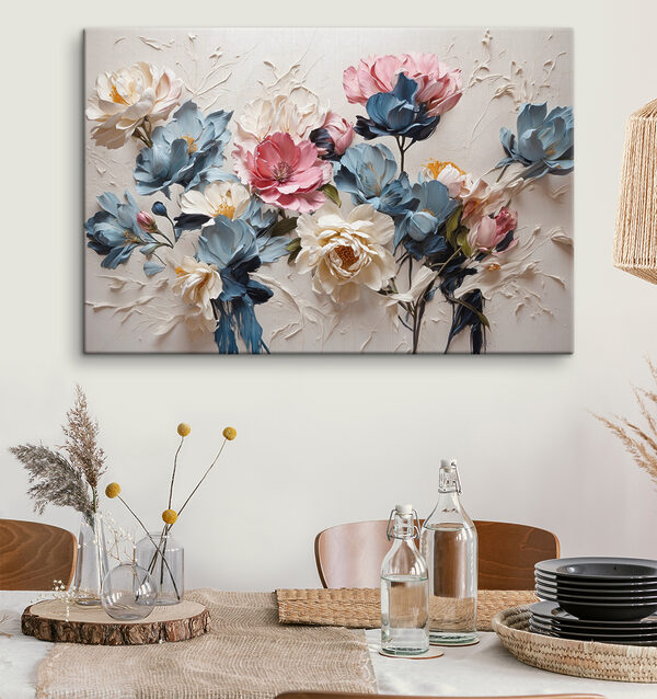 Een schilderij van bloemen op een wit oppervlak Een schilderij van bloemen op een wit oppervlak
