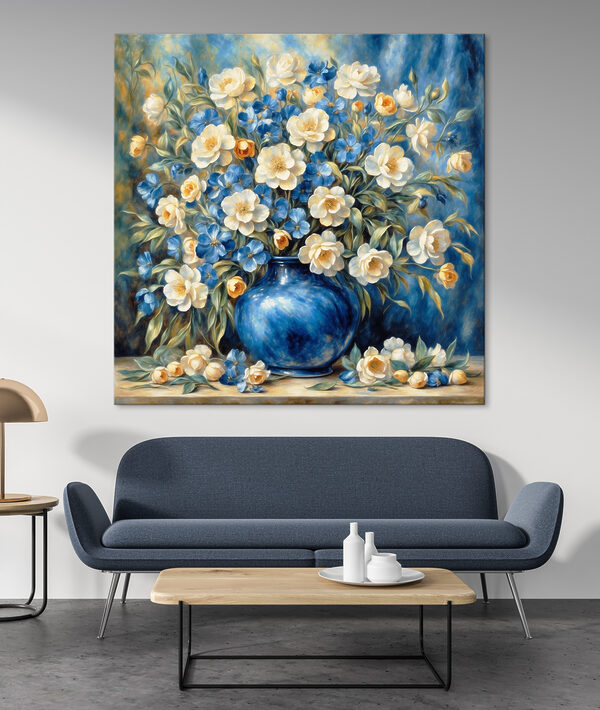 Een schilderij van bloemen in een blauwe vaas Een schilderij van bloemen in een blauwe vaas