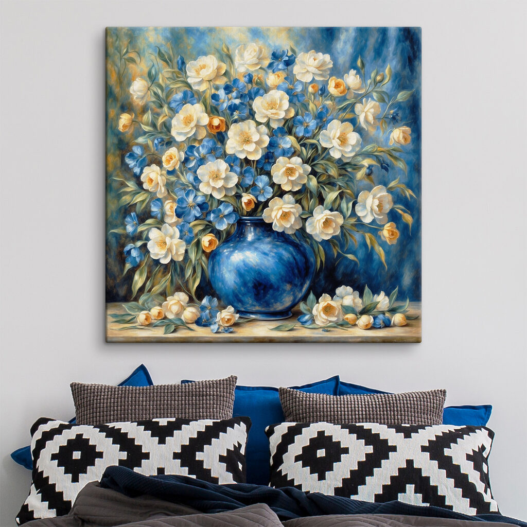 A painting of flowers in a blue vase