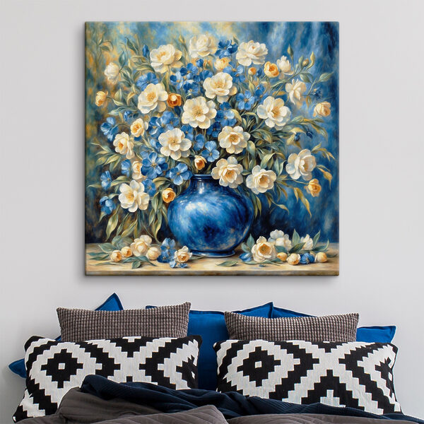 Een schilderij van bloemen in een blauwe vaas Een schilderij van bloemen in een blauwe vaas