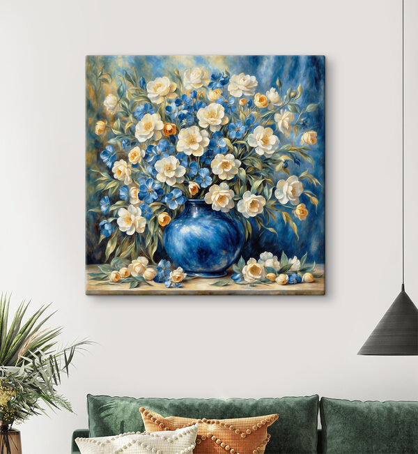 Een schilderij van bloemen in een blauwe vaas Een schilderij van bloemen in een blauwe vaas
