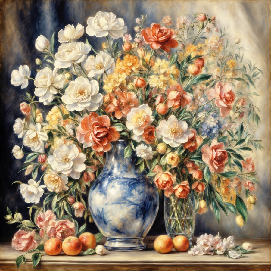 Een schilderij van bloemen in een vaas en fruit Een schilderij van bloemen in een vaas en fruit