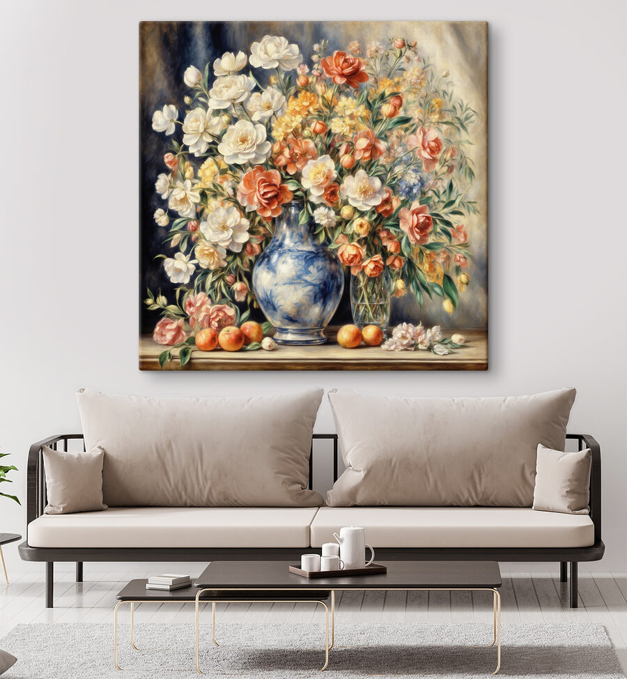 Een schilderij van bloemen in een vaas en fruit Een schilderij van bloemen in een vaas en fruit