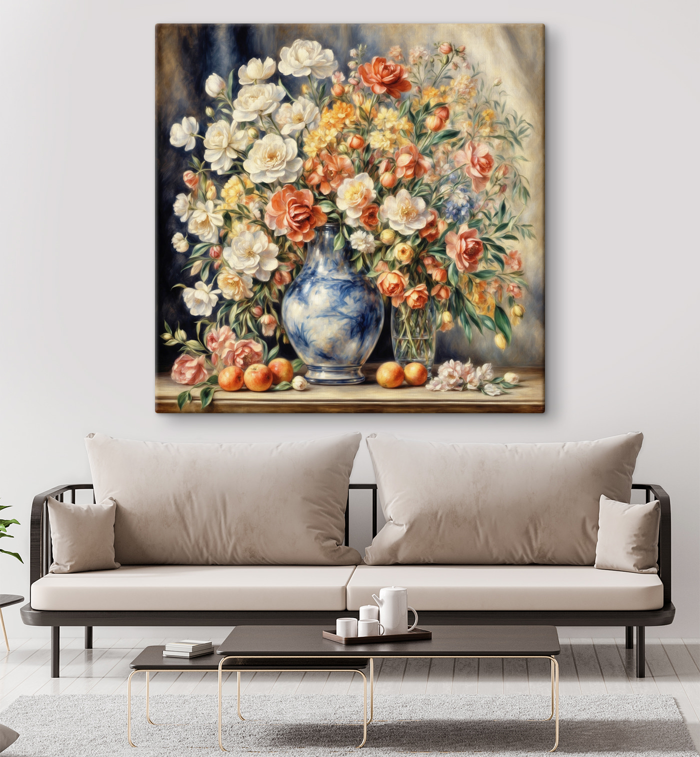 A painting of flowers in a vase and fruit A painting of flowers in a vase and fruit