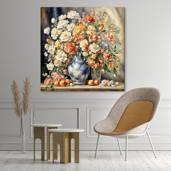 Een schilderij van bloemen in een vaas en fruit Een schilderij van bloemen in een vaas en fruit