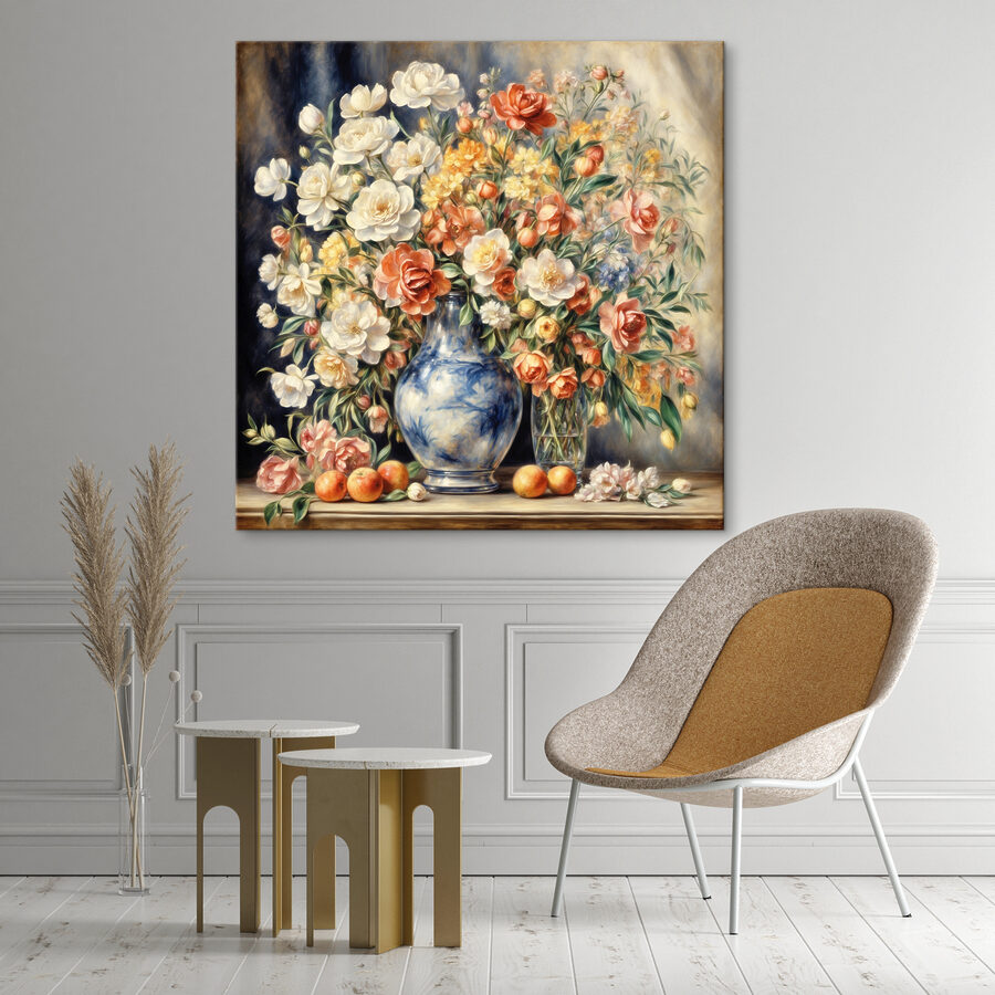 Een schilderij van bloemen in een vaas en fruit Een schilderij van bloemen in een vaas en fruit