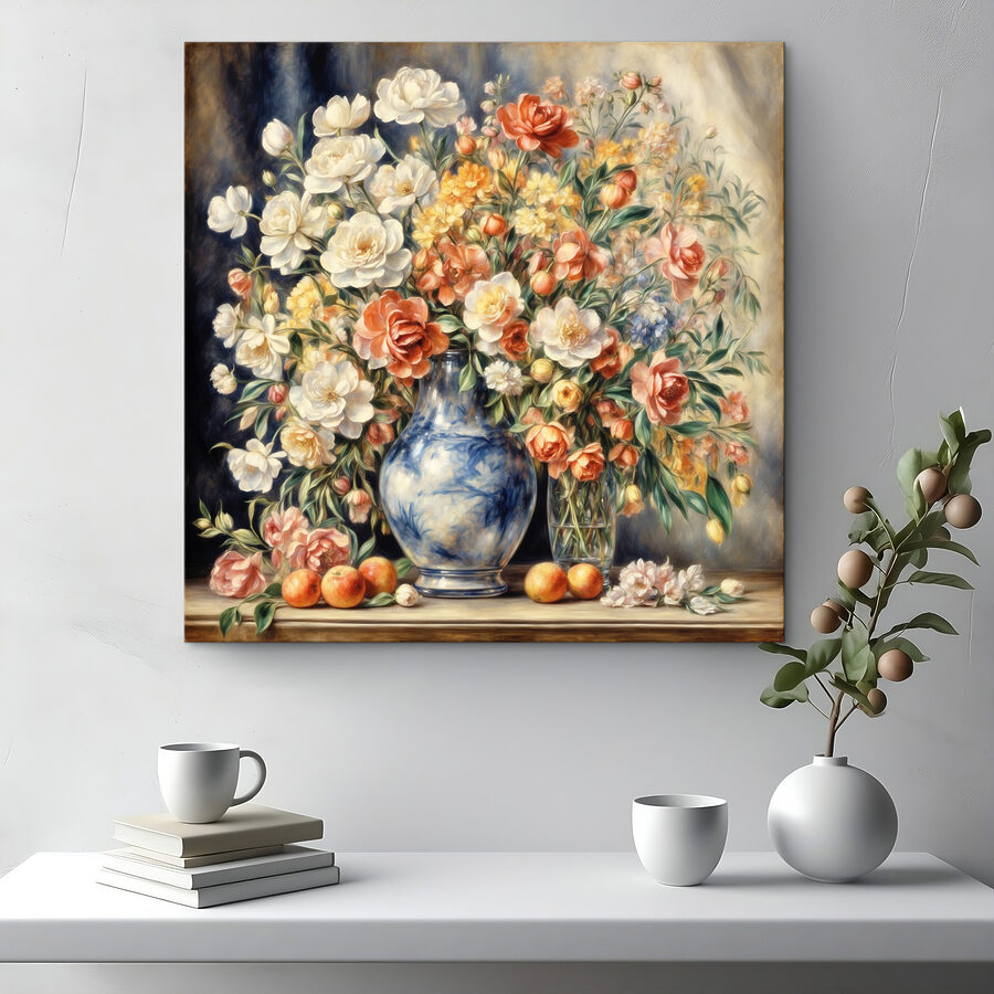 Een schilderij van bloemen in een vaas en fruit Een schilderij van bloemen in een vaas en fruit