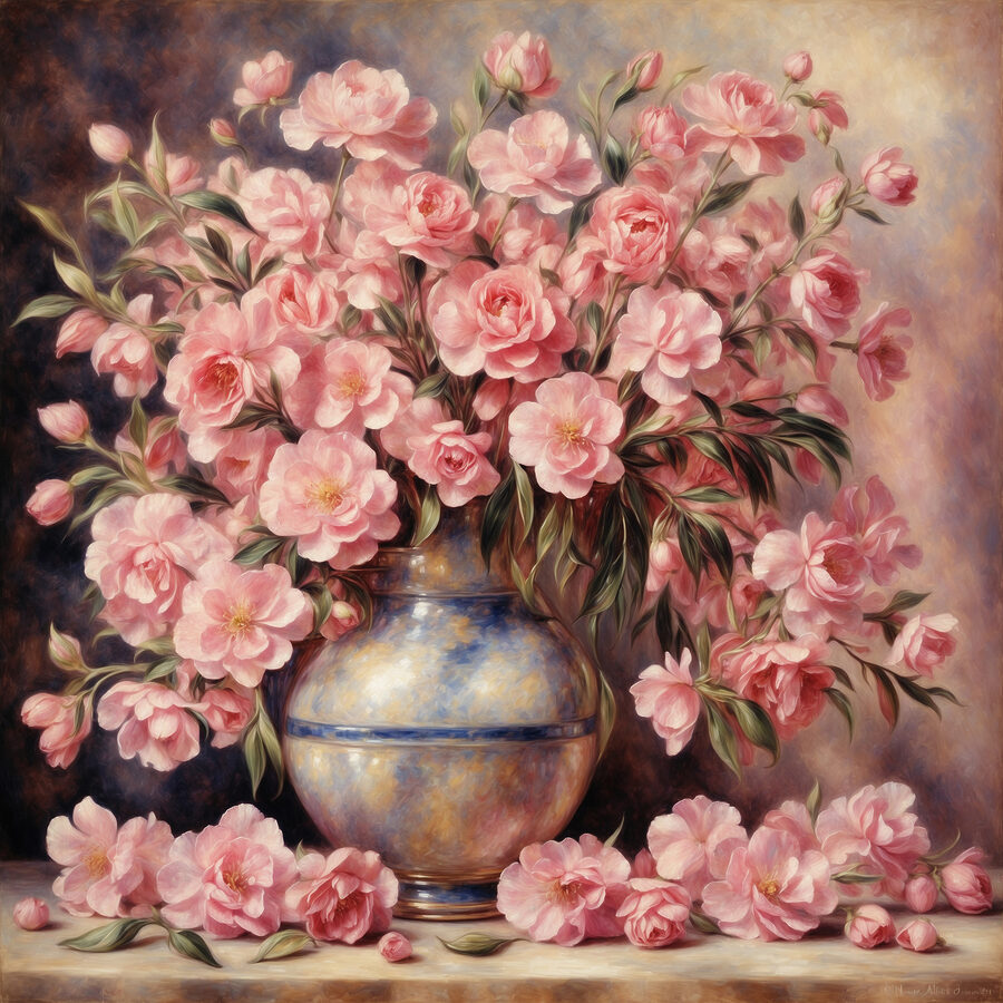 Een schilderij van roze bloemen in een vaas
