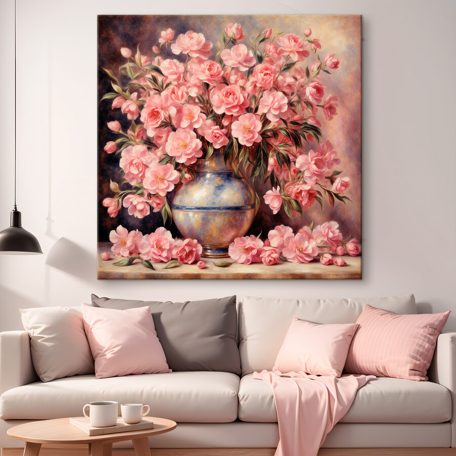 Een schilderij van roze bloemen in een vaas