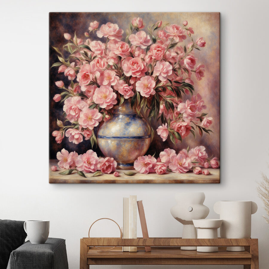 Een schilderij van roze bloemen in een vaas