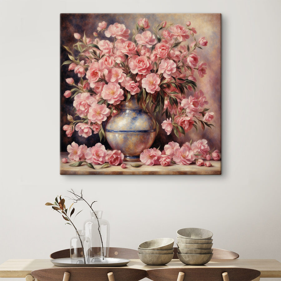Een schilderij van roze bloemen in een vaas