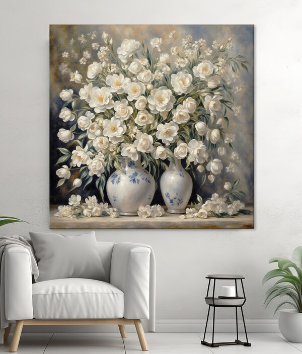 Een schilderij van witte bloemen in vazen Een schilderij van witte bloemen in vazen