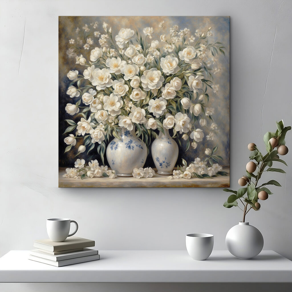 A painting of white flowers in vases
