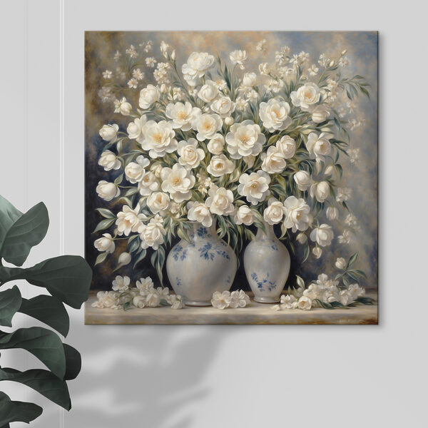 Een schilderij van witte bloemen in vazen Een schilderij van witte bloemen in vazen