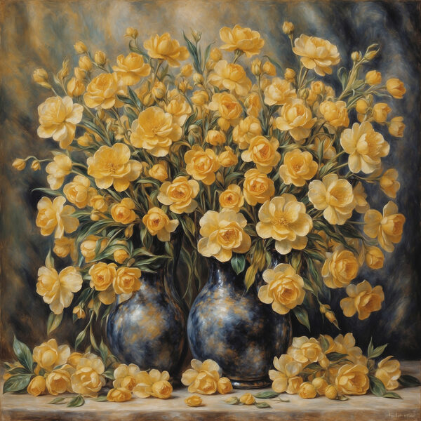 Een schilderij van gele bloemen in een vaas Een schilderij van gele bloemen in een vaas