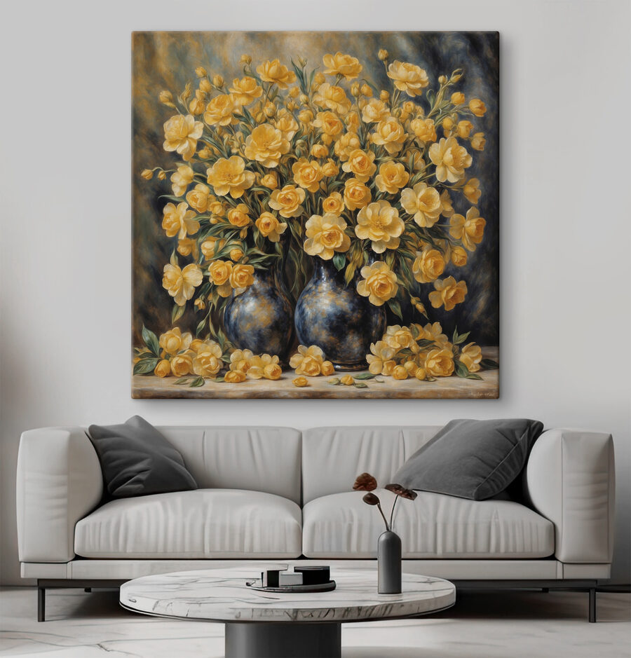 Een schilderij van gele bloemen in een vaas