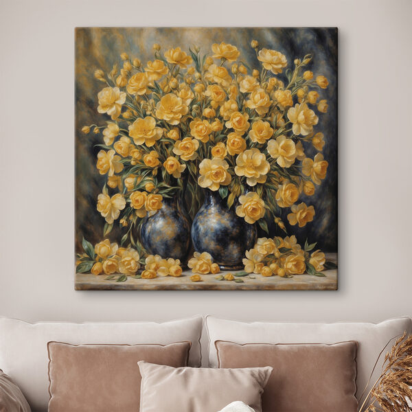 Een schilderij van gele bloemen in een vaas Een schilderij van gele bloemen in een vaas