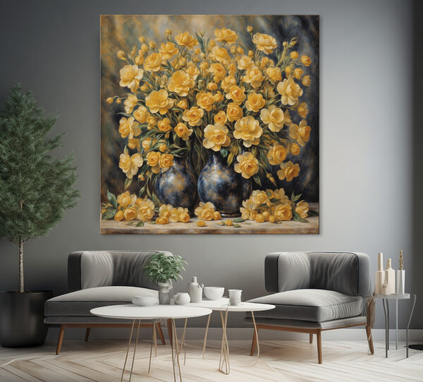 Een schilderij van gele bloemen in een vaas Een schilderij van gele bloemen in een vaas