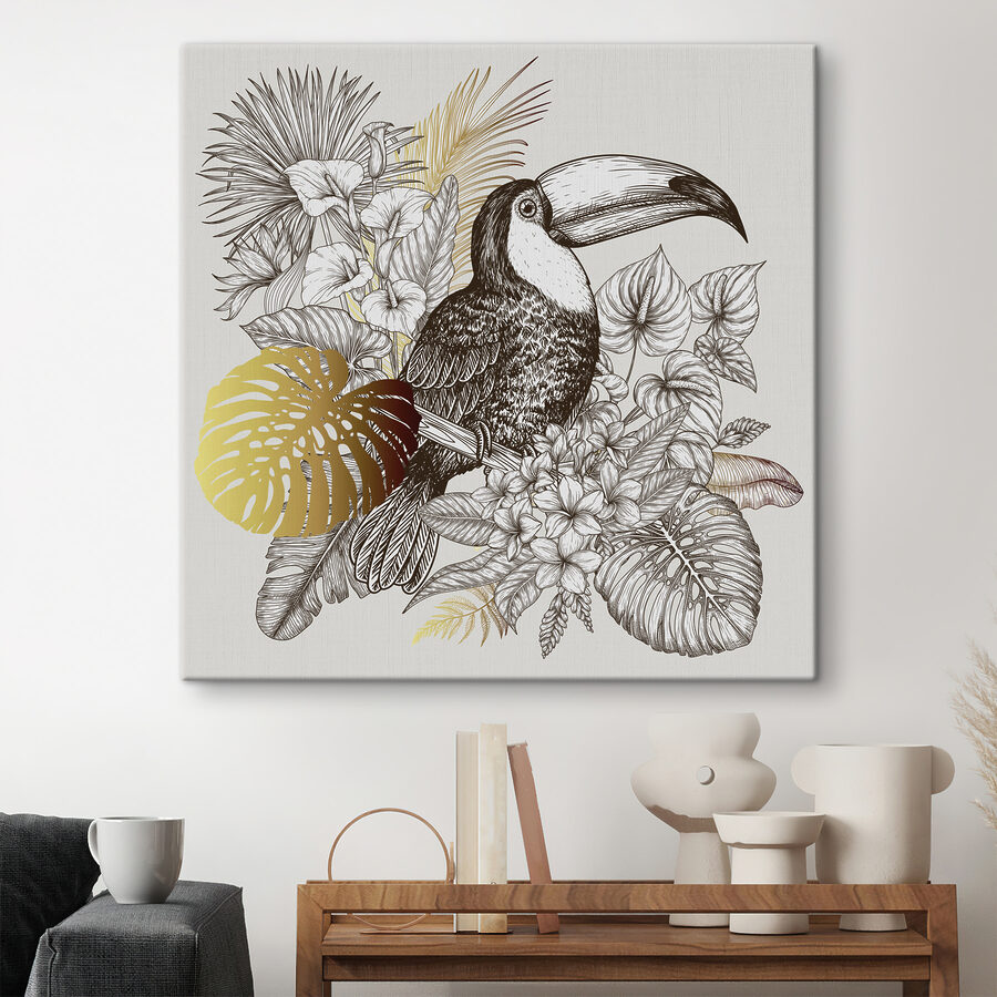 Een toekanvogel met bladeren en bloemen