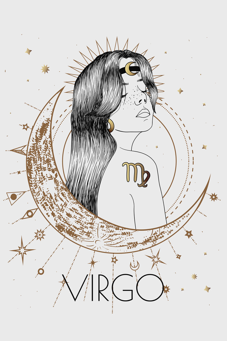 Een tekening van een vrouw met een maan en sterren