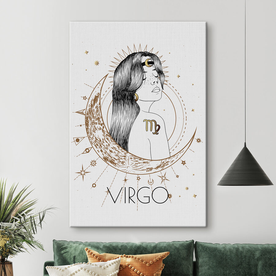 Een tekening van een vrouw met een maan en sterren