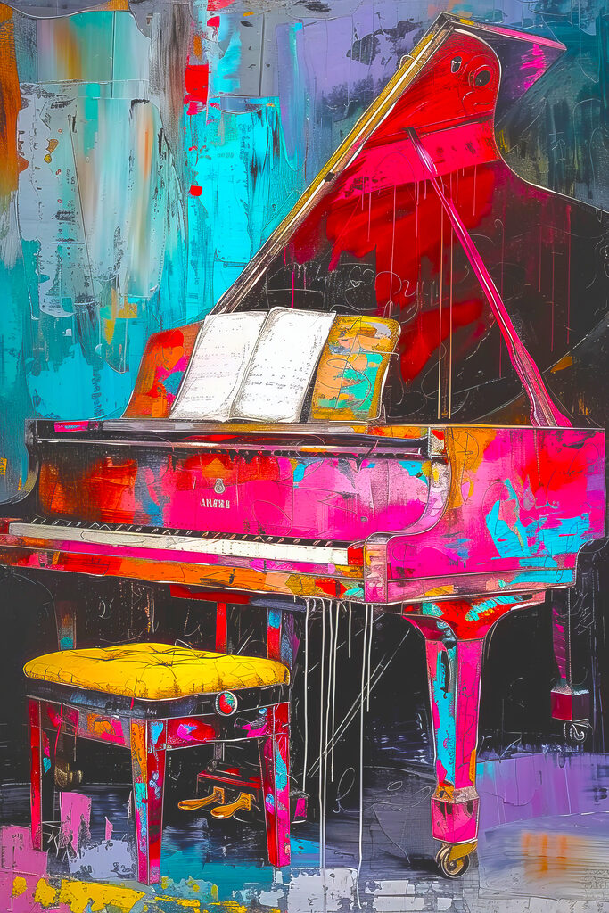 A pink piano with a stool