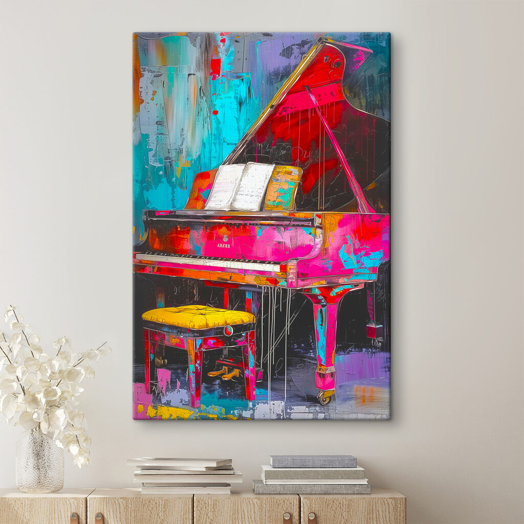 A pink piano with a stool