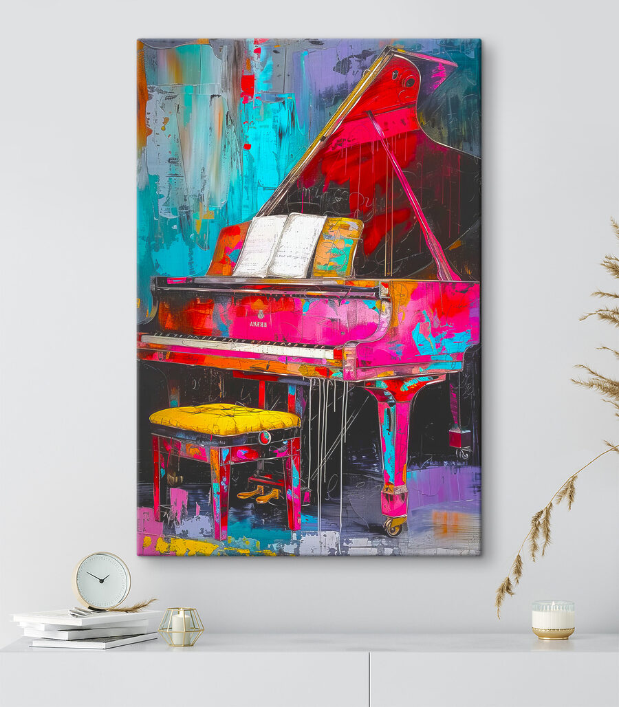 Een roze piano met een kruk Een roze piano met een kruk