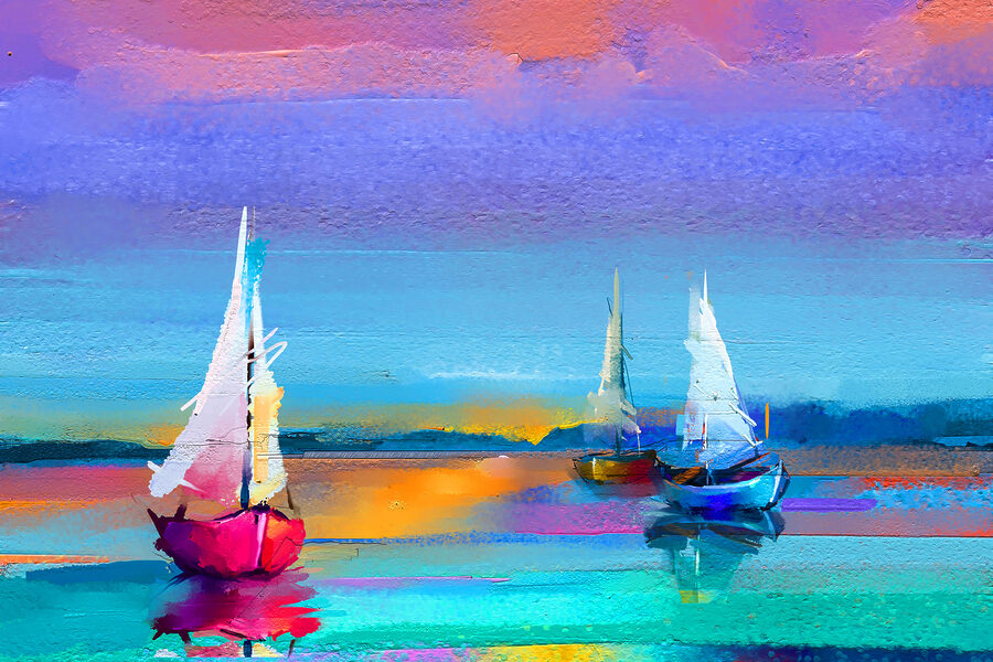 Een schilderij van boten op het water