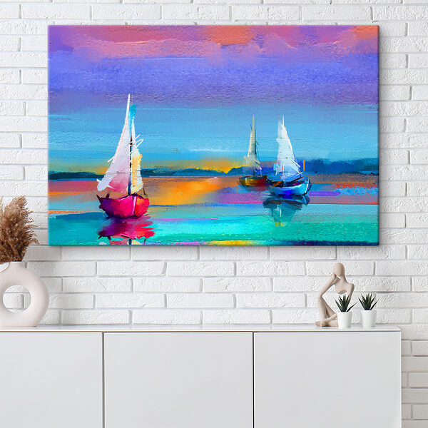 Een schilderij van boten op het water Een schilderij van boten op het water