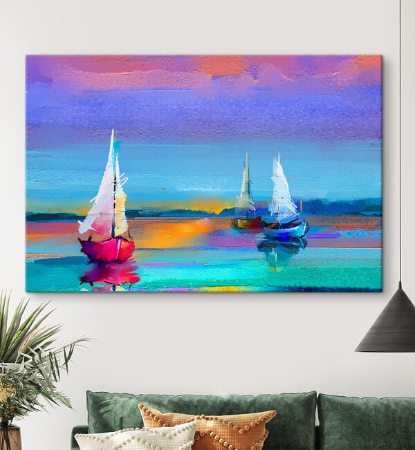 Een schilderij van boten op het water Een schilderij van boten op het water