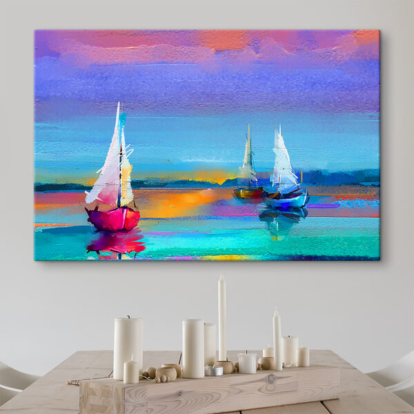 Een schilderij van boten op het water Een schilderij van boten op het water