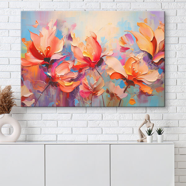 Een schilderij van bloemen op een blauwe achtergrond Een schilderij van bloemen op een blauwe achtergrond