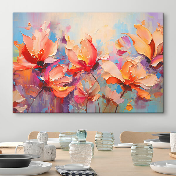 Een schilderij van bloemen op een blauwe achtergrond Een schilderij van bloemen op een blauwe achtergrond