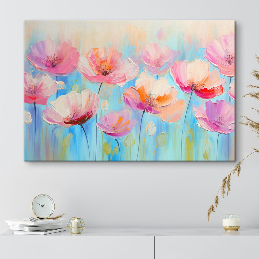 Een schilderij van roze bloemen
