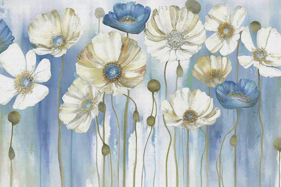 Een schilderij van witte en blauwe bloemen Een schilderij van witte en blauwe bloemen