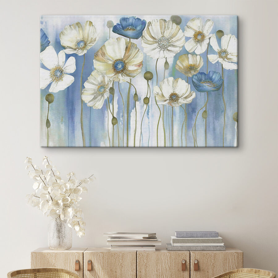 Een schilderij van witte en blauwe bloemen Een schilderij van witte en blauwe bloemen