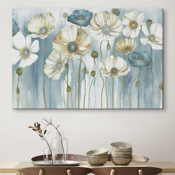 Een schilderij van witte en blauwe bloemen Een schilderij van witte en blauwe bloemen