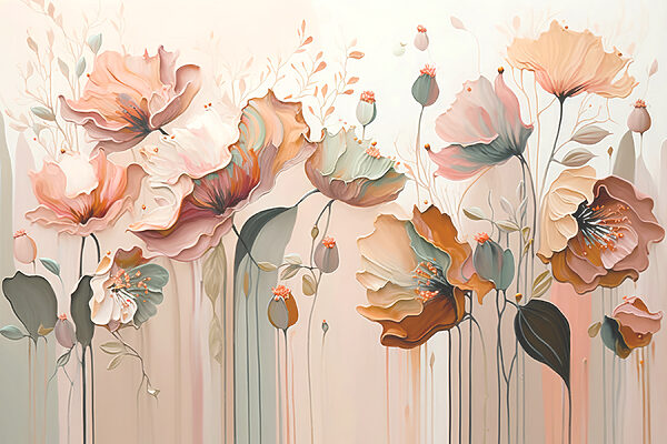Een schilderij van bloemen op een muur Een schilderij van bloemen op een muur