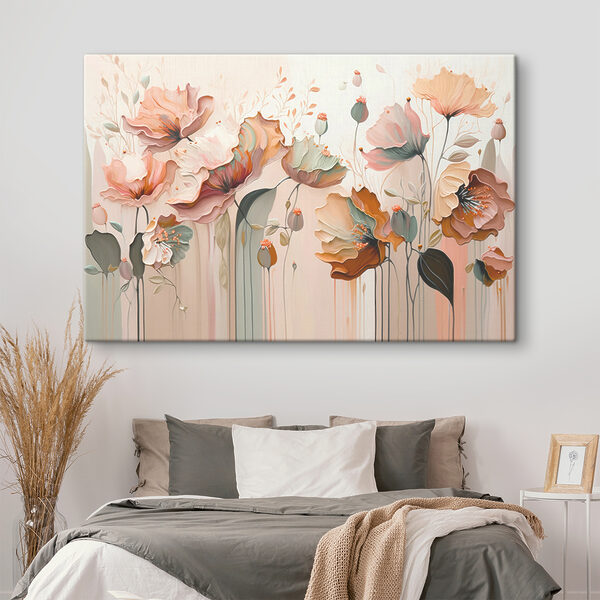 Een schilderij van bloemen op een muur Een schilderij van bloemen op een muur