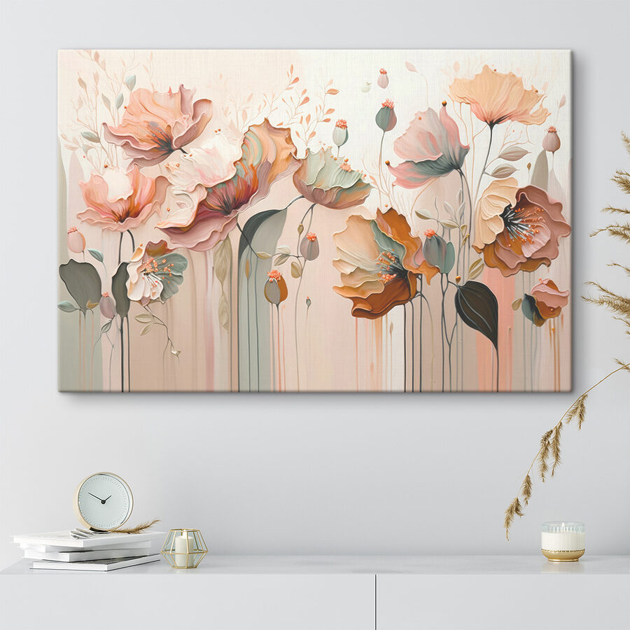 Een schilderij van bloemen op een muur