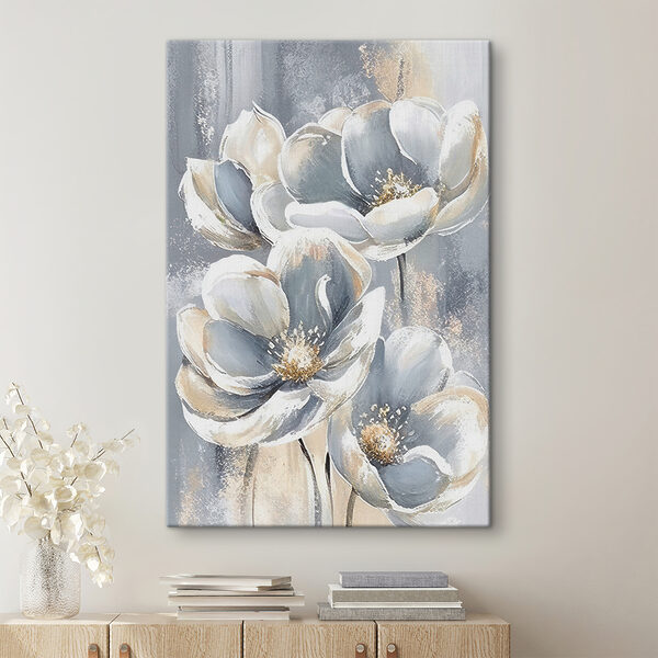 Een schilderij van bloemen op een grijze achtergrond Canvas Schilderijen Een schilderij van bloemen op een grijze achtergrond