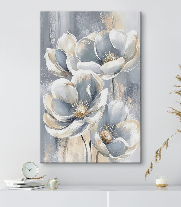 A painting of flowers on a grey background