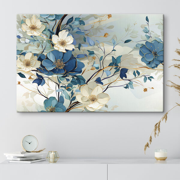 Een schilderij van bloemen en bladeren Canvas Schilderijen Een schilderij van bloemen en bladeren