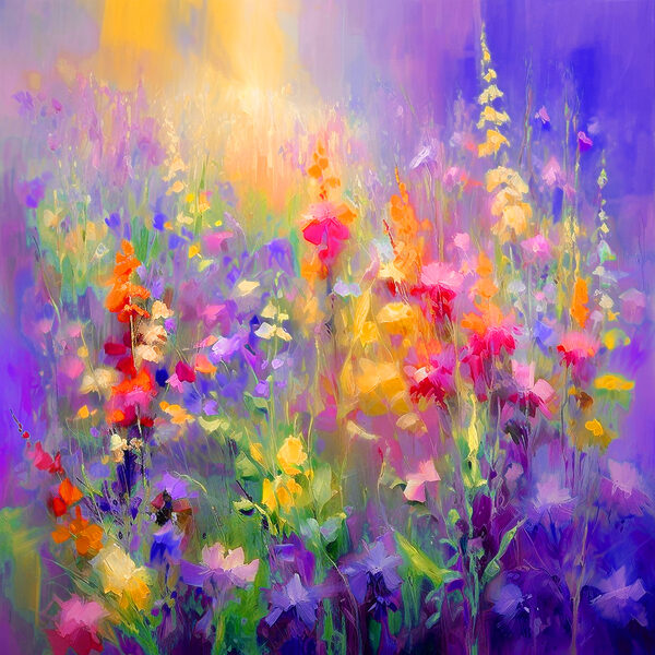 Een schilderij van bloemen in een veld Een schilderij van bloemen in een veld