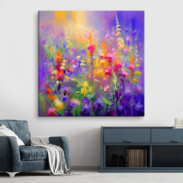 Een schilderij van bloemen in een veld Een schilderij van bloemen in een veld