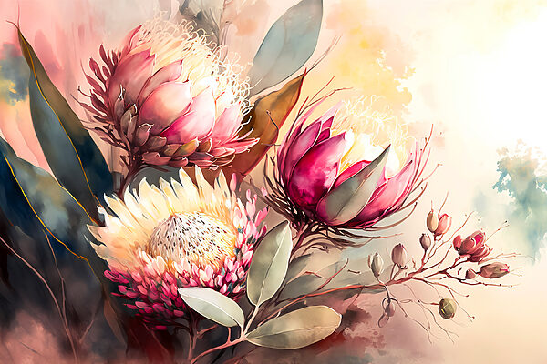 Een schilderij van bloemen en bladeren Een schilderij van bloemen en bladeren