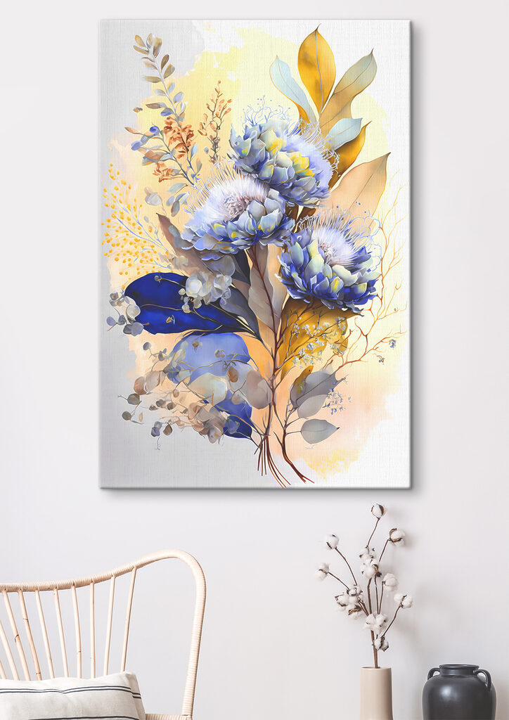 A painting of flowers and leaves