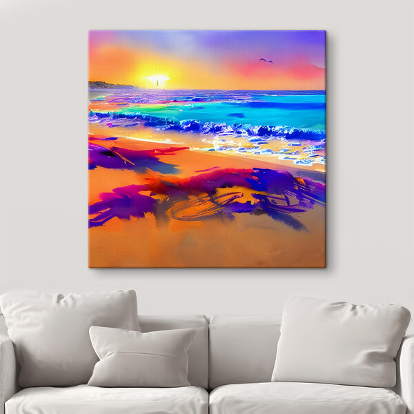 Een kleurrijk strand met golven en een zonsondergang Een kleurrijk strand met golven en een zonsondergang