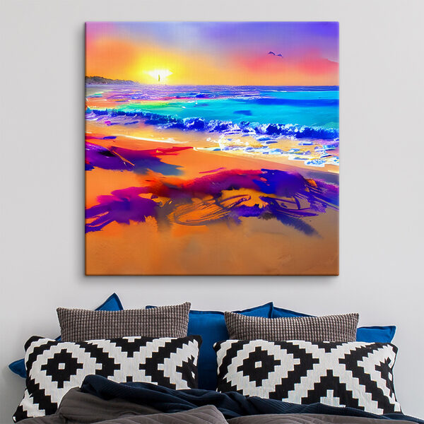 Een kleurrijk strand met golven en een zonsondergang Een kleurrijk strand met golven en een zonsondergang